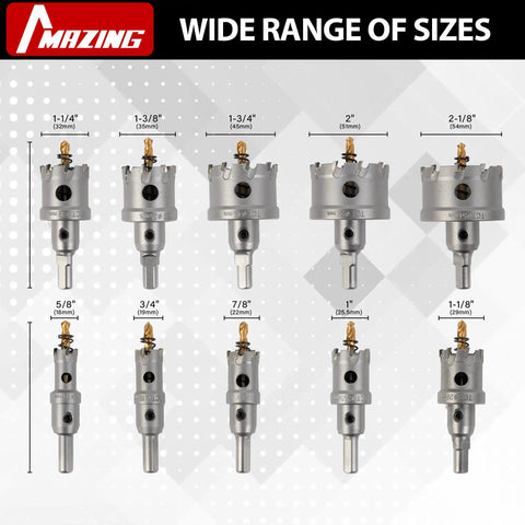 Close-up of a 16 Piece Heavy Duty Tct Hole Saw Kit For Hard Metal, showing various sizes from 5/8 to 2-1/8 inches.