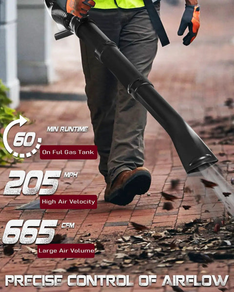 Beast Gas Backpack Leaf Blower With 665 CFM And 205 MPH in use on patio, showcasing powerful air control and debris removal capability