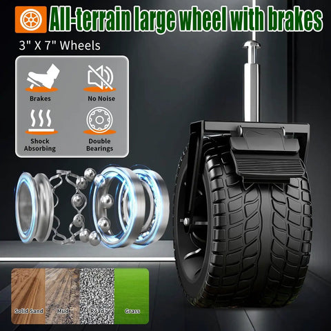 All-terrain large wheel with brakes for Foldable Wagon Cart With Tailgate And Roof, 3" x 7" dimensions shown.