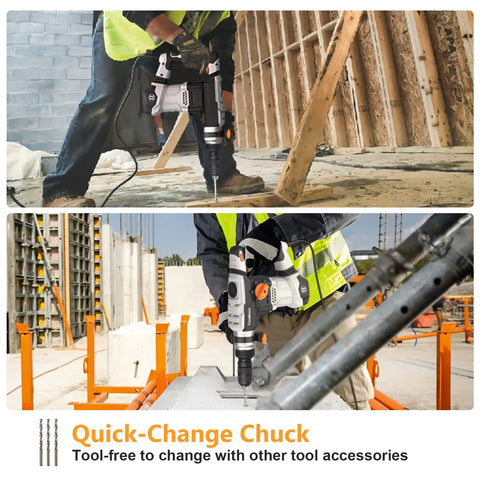 Worker using 12.5 Amp Rotary Hammer Drill With SDS Plus One And A Quarter Inch on construction site, focusing on quick-change chuck feature.