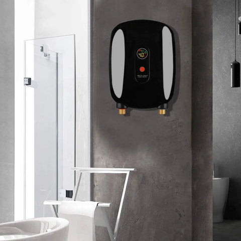 Slick Wall Mounted Tankless Electric Hot Water Heater Featuring Heavy Duty 3000W Coils For Rapid Instant Warm Water and Snappy Quick Hook Up For Kitchen Sink Use mounted in a bathroom setting.