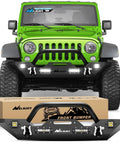 MLight front bumper with winch plate for Jeep Wrangler JK/JKU, black steel with LED light bars, installed on green Jeep.