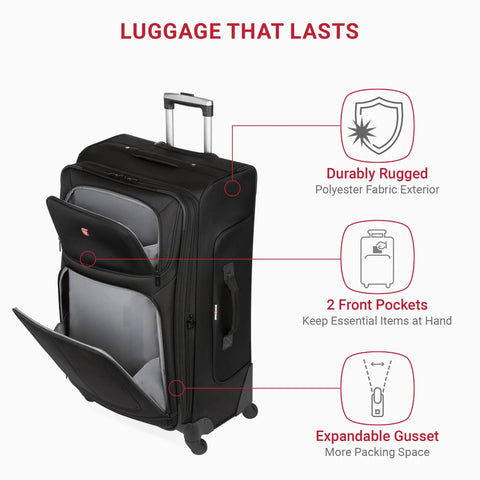 Softside Expandable Checked Luggage For Long Trips With 360 Spinner Wheels And Retractable Handle, 29 Inch Large Black Suitcase