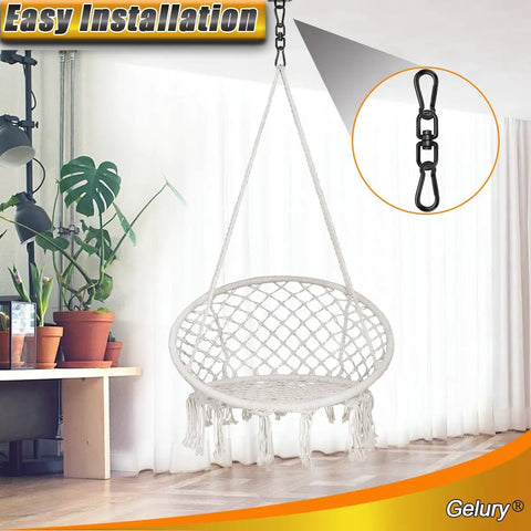 Rock Solid Black 304 Stainless Steel Swivel Ring With Twist Resistant Dual Snap Hooks And Smooth Action Rotation For Tree Swing Hammock Heavy Duty Rigging M8 Size hanging from ceiling with swing seat.