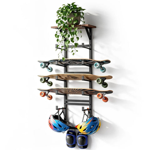 Multi Deck Skateboard Rack Wall Mount Display Hanger With Solid Wood Top Shelf And Rubber Grip Pads To Safely Store Your Stash And Keep Your Boards Looking Gnarly Always, holding three boards and two helmets.