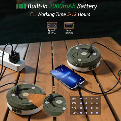 4 In 1 USB Rechargeable Camping String Lights With 8 Modes, 32.8Ft Waterproof Tent Lights charging on wooden table