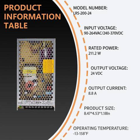 Heavy Duty 24V 200W 8 8A Fanless Switching Power Supply Dead Silent Convection Cooling Ac Dc Enclosed Adapter with specs.