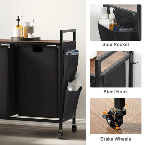 Double Laundry Hamper With Lid And Heavy Duty Wheels Rolling Laundry Basket Organizer With Top Shelf Iron Made Sorter
