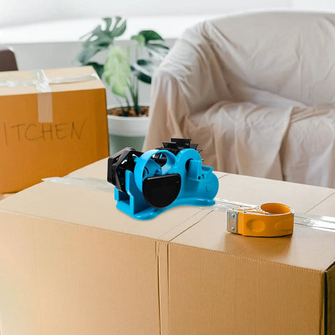 Semi Automatic Heat Tape Cutter With Compact Desktop Packing Station And Lightweight Tape Holder For Quick Box Sealing And Top Shelf Shipping Hustle The Reliable Gadget For Smooth Tape Dispensing Routine Blue on cardboard boxes.