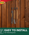Damage Free Outdoor Wall Hooks Kit With Weather Resistant Strips holding garden tools on wooden wall, no tools needed