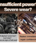 Two images comparing worn out and new drive belts on a CVT, highlighting belt wear issues and replacement necessity for power efficiency.