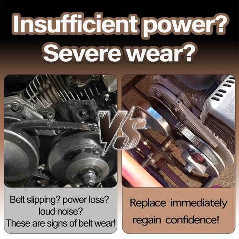 Two images comparing worn out and new drive belts on a CVT, highlighting belt wear issues and replacement necessity for power efficiency.