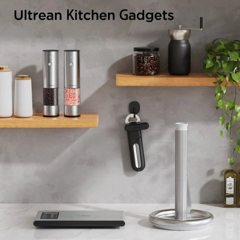 Smart Food Scale With Nutritional Calculator And AI Powered App For Calorie And Macro Tracking on a kitchen counter.