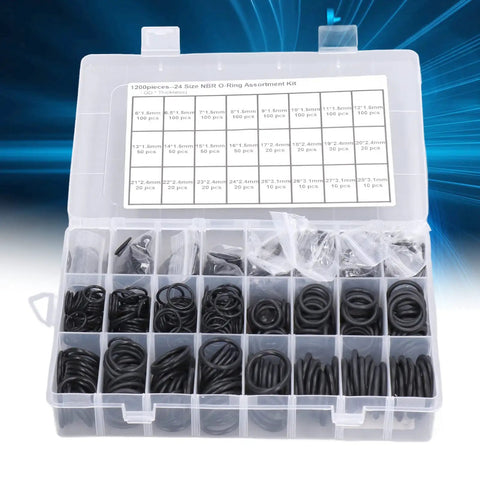 1200 Piece Nitrile Rubber O Ring Sealing Gasket Kit with 24 common sizes, black O rings in a handy storage box for auto repairs