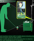 Automatic Golf Tee Machine With Infrared Sensor Ball Release setup for practice, showing phone holder and golf clubs.