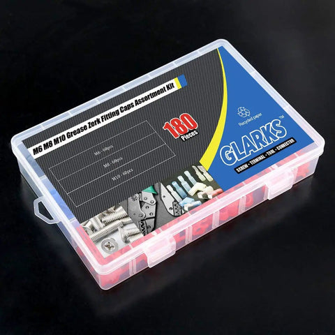180 Piece Zerk Fitting Caps Set M6 Red M8 Blue M10 Black With Keeper Includes Transparent Storage Box Pro Grade Heavy Duty Polyethylene Caps For Grease Zerk Fittings And Brake Bleeder Screws in plastic case