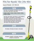 Autofeed Weed Wacker String Replacement For Cordless Trimmers 0.065 Inch Refills 99 Feet Per Spool 6 Spools With Cap Compatible With 18V 24V 40V Trimmers For Quick Yard Cleanup, showing compatibility list for Ryobi models.