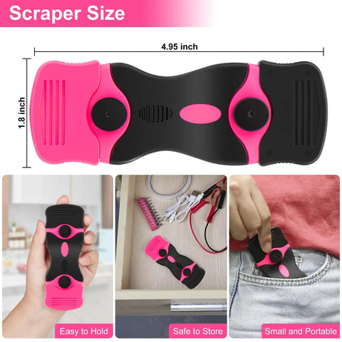 Pink Razor Scraper 2 In 1 Tool Set With 20 Razor Blades for Removing Window Labels and Stickers, shown with size details.