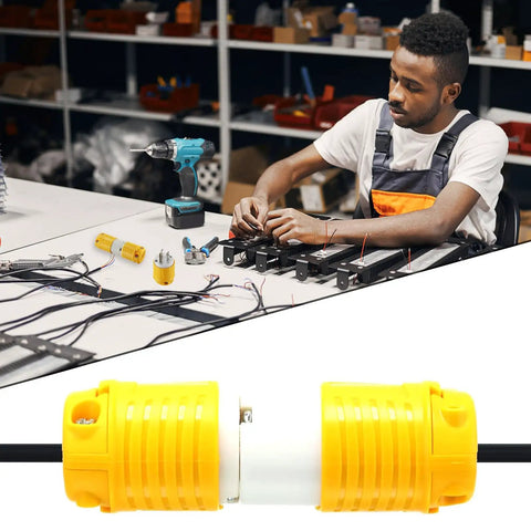 Replacement NEMA 5 15P Plug Ends 10 Pack Built To Last Heavy Duty Extension Cord Ends With Adjustable Rear Cord Clamp For SJT 18 16 14 12 Wires ETL Listed 2 Pole 3 Wire Straight Grounding Type, yellow plug end close-up