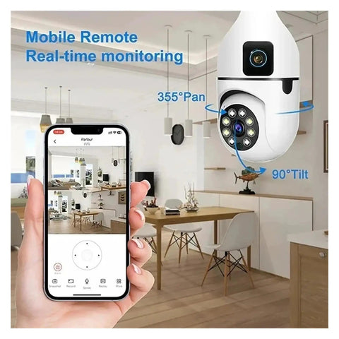Dead Legit 8MP Dual Lens Wifi Ip Security Camera With E27 Bulb Mount, showing mobile real-time monitoring in a modern interior.
