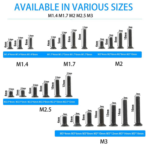 Assorted screw sizes M1.4 to M3 from the 720-Piece Laptop Screw Kit With 24 Types M1.4 M1.7 M2 M2.5 M3 Phillips Countersunk Flat Head Screws For Electronic Repair Carbon Steel Durable And Reusable Ideal For PC Laptops Notebooks And DIY Tech Upgrades