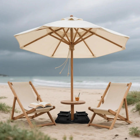 Beach scene with umbrella and chairs stabilized by Two Pack 45 Lbs Heavy Duty Umbrella Base Sand Bags For Patio And Cantilever Stands.