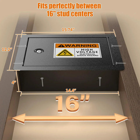 Rock Solid In Wall Steel Safe dimensions for 16 inch studs installation, showing concealed panel and key lock security.