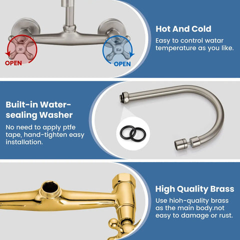 Wall Mount Kitchen Faucet With Sprayer And 360 Degree Swivel Spout Double Cross Handles Commercial Grade 8 Inch Center Brushed Nickel Finish Solid Brass Construction Heavy Duty Kitchen Sink Mixer Tap with built-in washer.