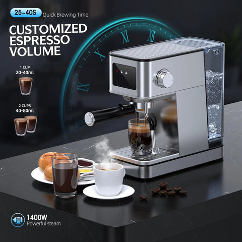 20 Bar Espresso Machine With Milk Frother For Home Coffee Bar Enthusiasts, Stainless Steel Build With One Touch Screen, side view