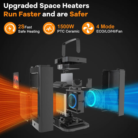 Exploded view of Infrared Sensor Space Heater With Realistic Fireplace Flame Effect 1500W Ceramic Oscillating Heater