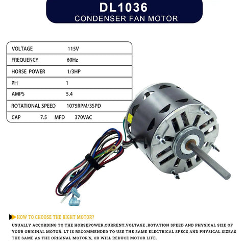 DL1036 One Third HP Blower Fan Motor 1075 RPM 3 Speed 115V Drop In Replacement Easy Fit For AO Smith Fasco GE Emerson Dayton