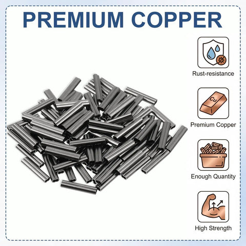 Pro Grade 100 Pcs Crimp Sleeves Double Barrel Aluminum Cable Ferrule Wire Rope Sleeves For Fishing Line Rigging Tackle Inner Diameter 0.8mm Fits 0.6mm Wire, pile of double-barrel copper crimp sleeves