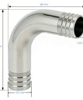 Closmos 304 stainless steel 90-degree hose barb elbow, angled side view, 3/4 in x 3/4 in fitting