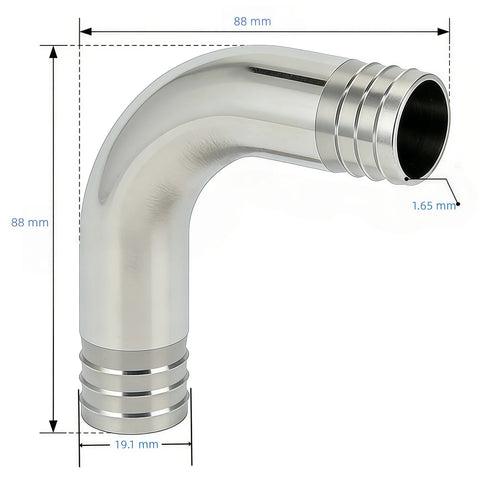Closmos 304 stainless steel 90-degree hose barb elbow, angled side view, 3/4 in x 3/4 in fitting