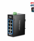 Compact Industrial 8-Port Gigabit DIN-Rail Switch Built For Rough Environments, IP30 Rated, black unit with 8 Ethernet ports