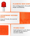 Image showing features of 28 Inch Collapsible LED Traffic Cones Four Pack, including a flashing red light, waterproof fabric, and stable base.