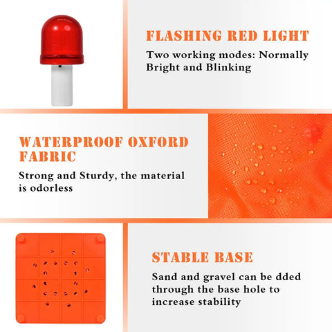 Image showing features of 28 Inch Collapsible LED Traffic Cones Four Pack, including a flashing red light, waterproof fabric, and stable base.
