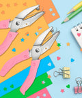 4 Pack Handheld Hole Punch Set With Heart, Star, Large Circle And Medium Circle Shapes, Rubber Grip on colorful paper