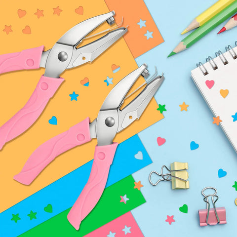 4 Pack Handheld Hole Punch Set With Heart, Star, Large Circle And Medium Circle Shapes, Rubber Grip on colorful paper