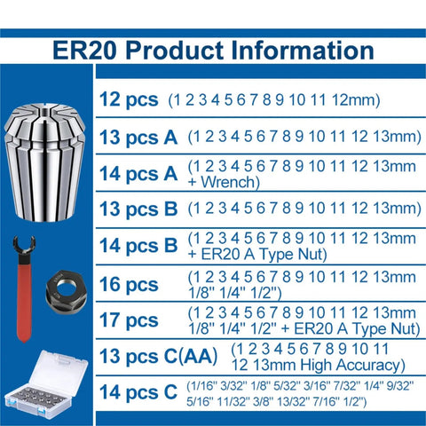 Super Cool 1 To 13 mm ER20 Collet Chuck Set For CNC Engraving Machining with product information and size details