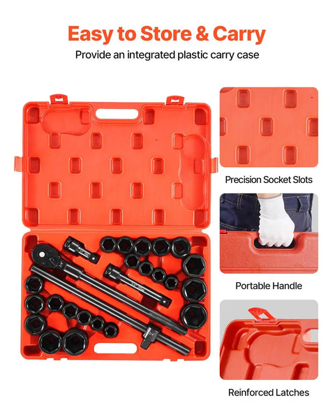 Impact Socket Set 3/4 Inch Drive Heavy Duty Pro Grade 27 Piece Standard SAE And Metric Sockets case with handle and slots