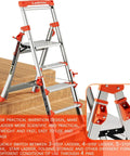 Lightweight Aluminum Five Step Ladder With Handrails And Tool Tray Anti Slip Wide Pedals Folding Step Stool For Home And Stairs And Outdoor Projects Telescoping Extension Portable Easy Storage 330 Lb Capacity, angled on stairs