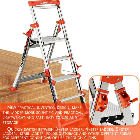 Lightweight Aluminum Five Step Ladder With Handrails And Tool Tray Anti Slip Wide Pedals Folding Step Stool For Home And Stairs And Outdoor Projects Telescoping Extension Portable Easy Storage 330 Lb Capacity, angled on stairs