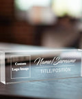 Custom Desk Name Plate With Logo, Personalized Acrylic Name Plate for Office Desk Decor on wooden surface