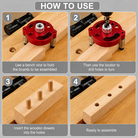 How to use Self Centering Dowel Jig Kit For Knockout Drill Guide Locator Alignment with heavy duty bushings, drilling holes.