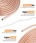 Close-up of 25 Ft Copper Coated Brake Line Kit For Auto Repair showing coiled copper lines with universal size details.
