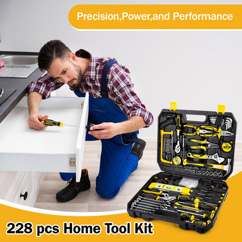 All In One 228 Piece Mechanic Tool Set With Socket Wrench Auto Repair Kit in use, featuring chrome tools in storage case.