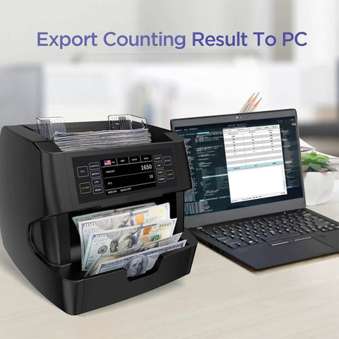 Ultra Fast Money Counter Machine With 1500 Bills Per Minute, Mixed Denominations beside laptop exporting data