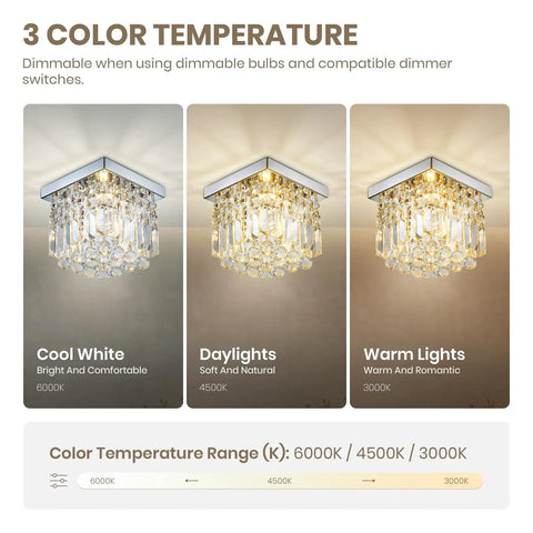 Crystal Chandelier For Hallways And Foyers One Light Mini Modern Square Flush Mount Ceiling Fixture with color temperatures shown