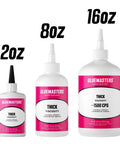 Three bottles of GlueMasters Thick Viscosity Cyanoacrylate Adhesive in sizes 2oz, 8oz, and 16oz for various project needs.